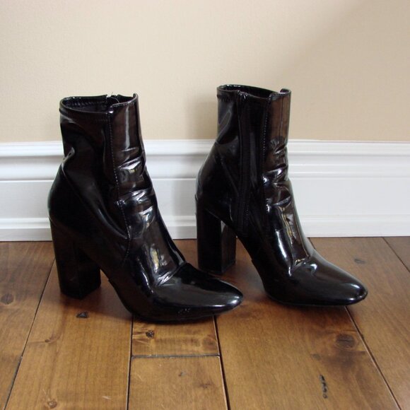 Aldo Black Patent Leather Boots Chunky Block Heel Size 7.5 - Picture 7 of 14